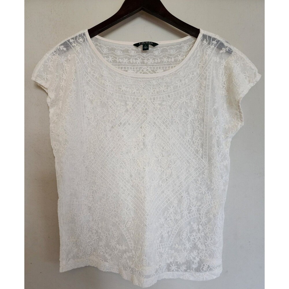 Lauren Ralph Lauren Size Large Ivory Lace Short Sleeve Sheer Top Delicate White